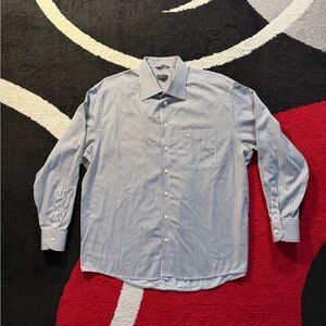 Eton Dress Shirt Mens 46 18 Blue Brown Striped Long Sleeve Wrinkle Free Shirt
